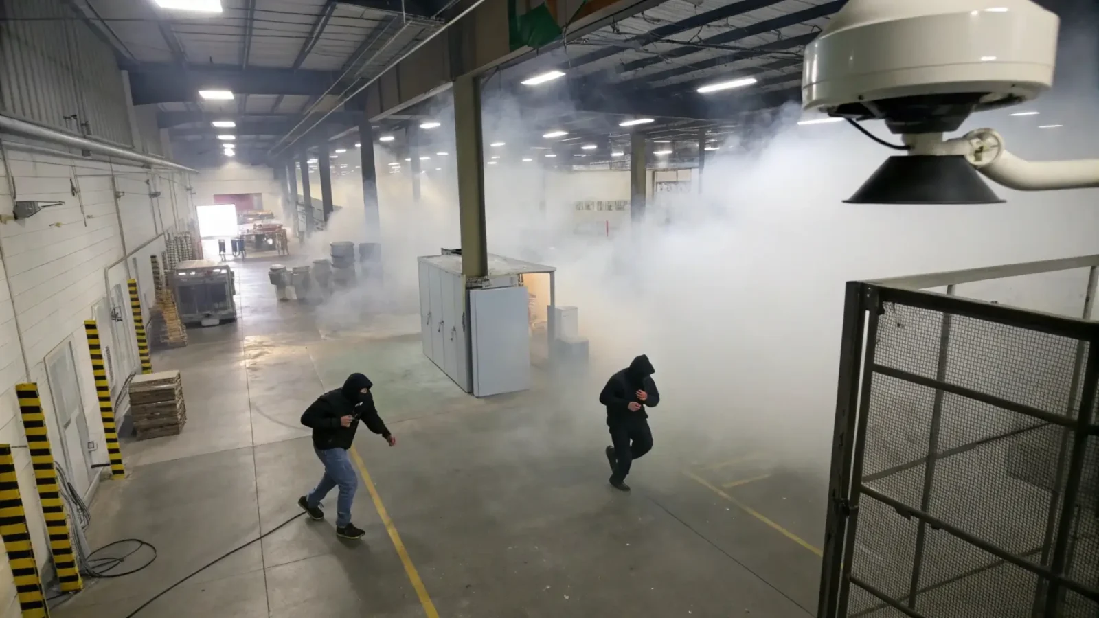 Antifurto nebbiogeno in una azienda con ladri che si intravedono attraverso la nebbia